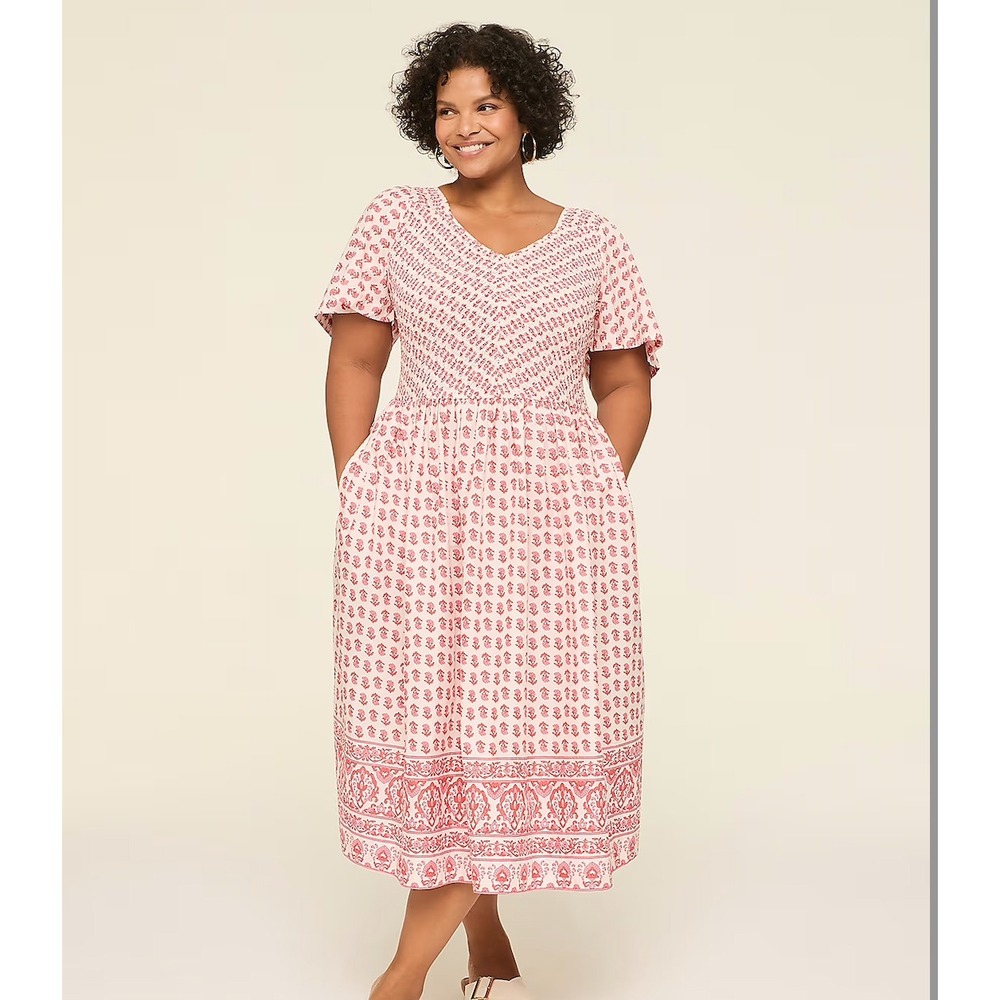 Lane Bryant Pink White Floral Smocked Tank dress Midi Dress V-Neck Sleeve Boho